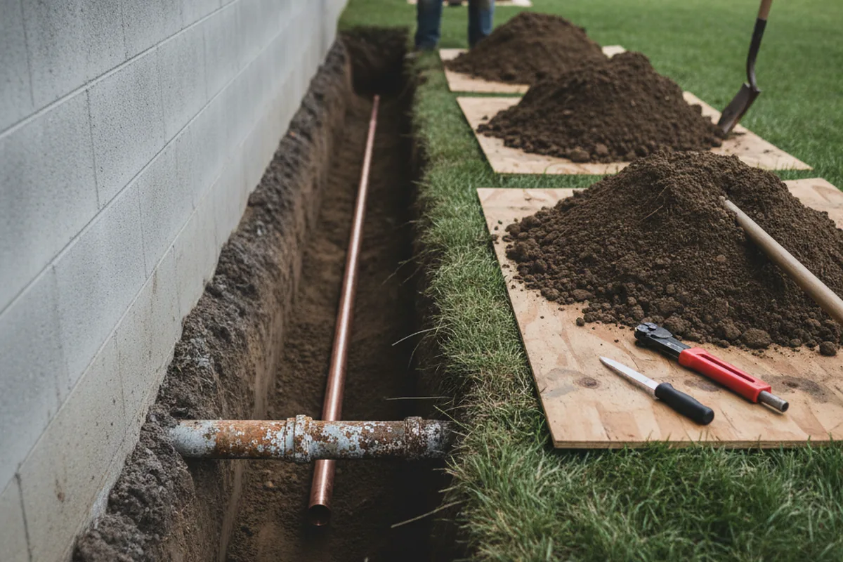 Excavated water line trench during Sewer Line Repair in Adams